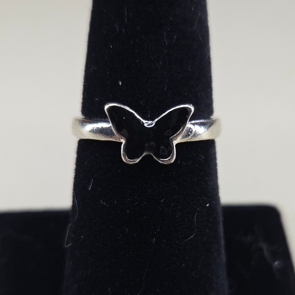 Silver Tone Black Enamel Butterfly Ring Minimalist Size 7.5 Insect Moth Gothic
